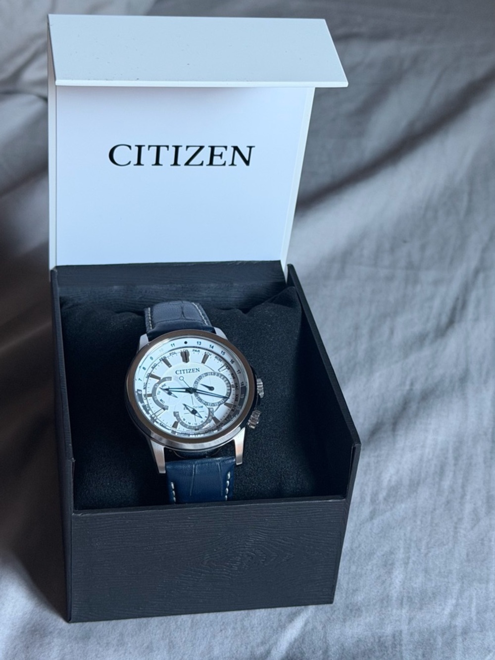 Citizen Men's Blue Leather Strap Chronograph Watch - White Dial